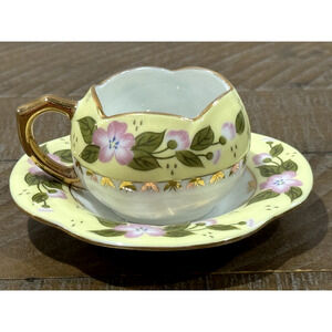 Miniature Apple Blossom Floral Porcelain Tea Cup & Saucer 2" Pink/Yellow/Gold